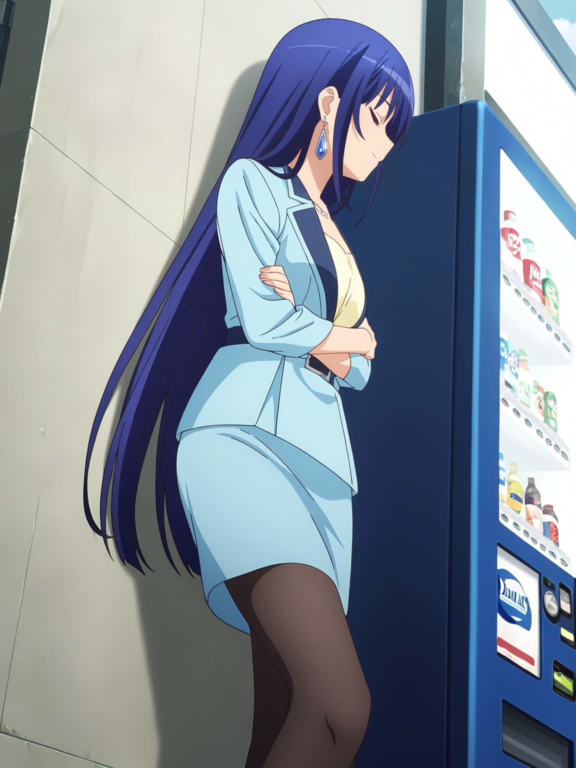 <lora:Ayano_Yugiri_Character:0.8>ayano_yugiri, 1girl, solo, blue hair, very long hair, blue earrings, formal blue jacket, blue skirt suit, pantyhose, yellow shirt, belt, closed eyes, slight smile, standing, crossed_arms, leaning against wall, full body, cropped legs, profile, from below, looking down, outdoors, vending machine, neutral lighting, diffuse daylight