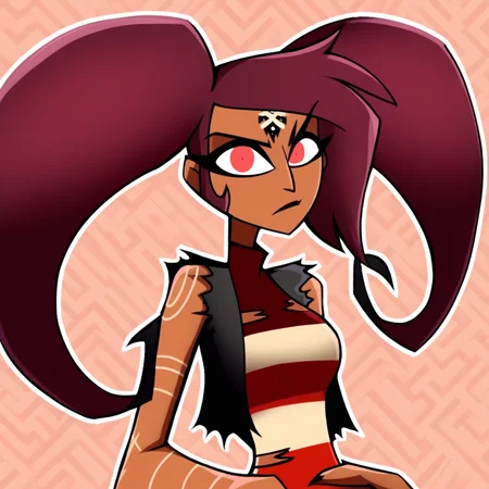Barbie Wire, 1girl, solo, twintails, dark skin, red eyes, striped dress, leather jacket, forehead tattoo, breasts