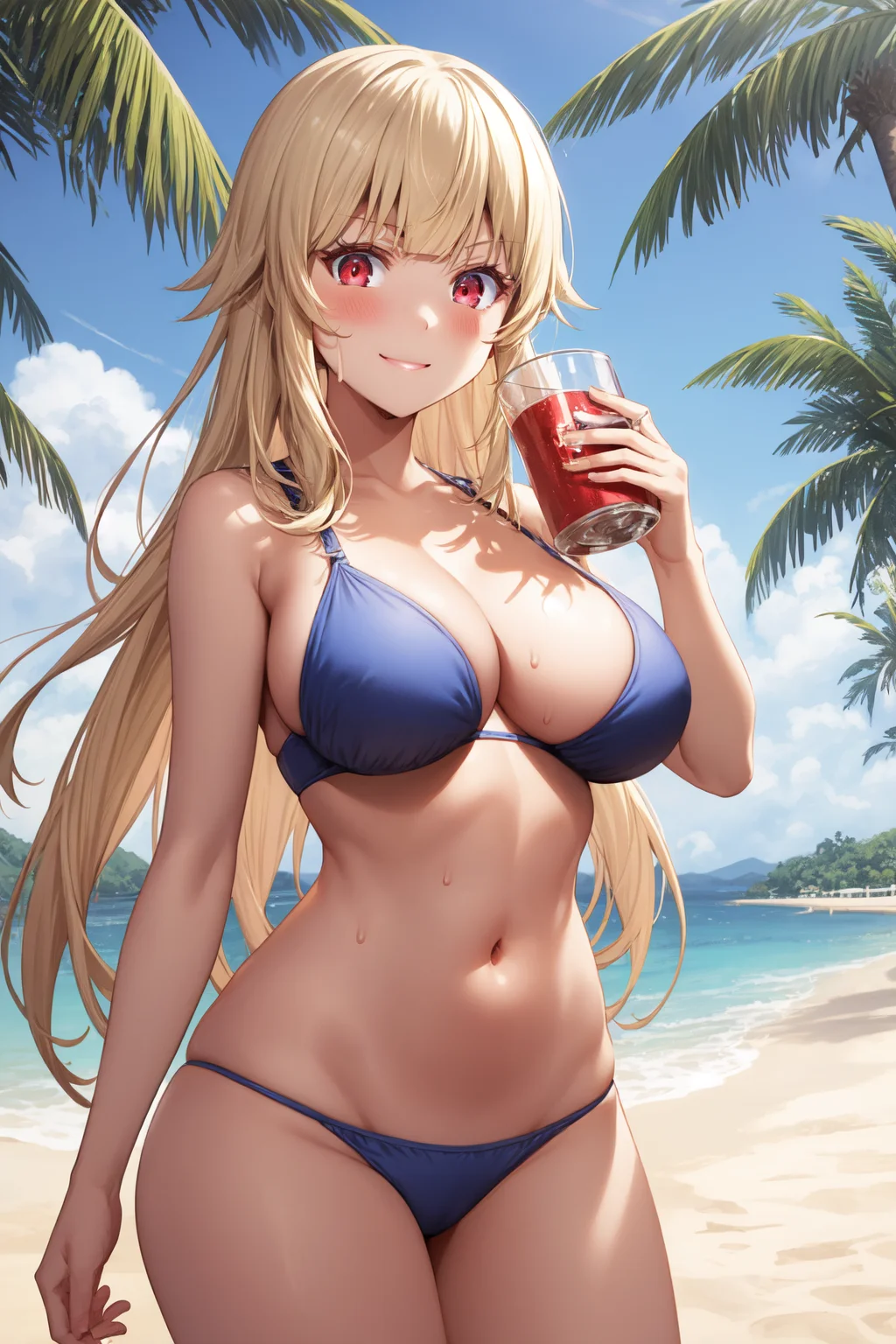 mina_tachibana, (long hair, blonde hair:1.2), blunt bangs, red eyes, (large breasts:1.2), (wide hips:1.2), (navel, groin:1.2), (blue bikini:1.2), [string bikini:1.2], strap_gap, (cleavage:1.3), looking at viewer, (cowboy shot:1.2), (front view:1.3), outdoors, (beach:1.3), palm_trees, horizon, day, sweat_drops, standing, (can:1.2), (drinking:1.2), (holding:1.2), smile, 8k, very detailed, masterpiece, best quality, best aesthetic, anime, ultra detailed