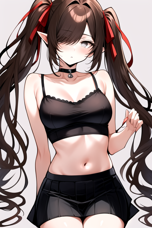 masterpiece, best quality,  <lora:Kra_SD:0.8> k'ra, grey eyes, brown hair, twintails, red ribbons, black camisole, short black skirt
