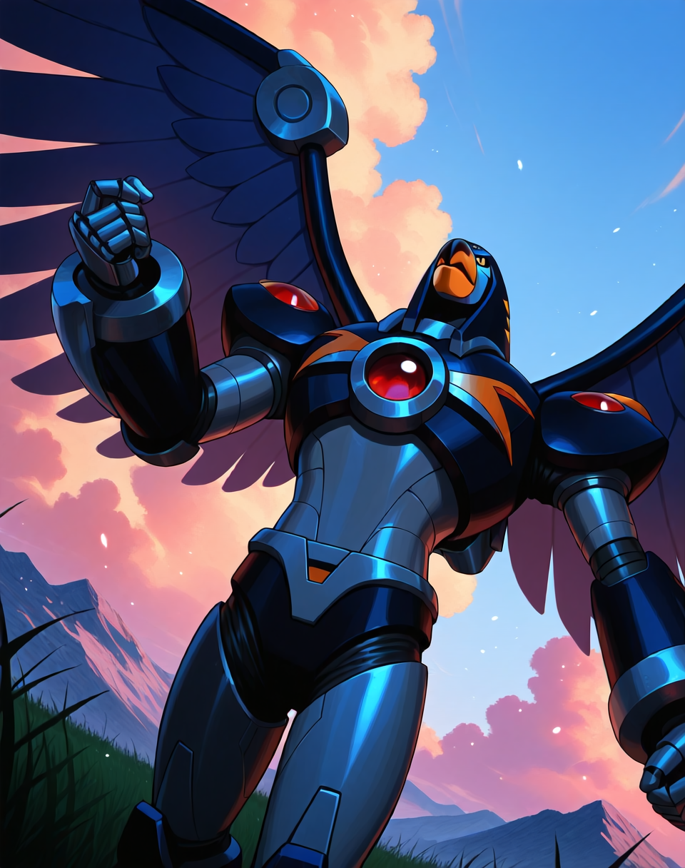 <lora:Flame_Falcon_(Mega_Man_X)_(Illustrious)_(AD):1> Flame Falcon, reploid, MMX, 
exterior, blue sky with clouds, mountain valley, grassy valley,
dutch angle, dynamic action, cowboy shot,
male focus, intense shadows, dynamic shadows, intricate details, attention to details, gradient coloring, robot, bright vivid colors, deep metallic colors, glossy metal body, wings, beak, 
BREAK very awa, masterpiece, best quality, amazing quality, very aesthetic, highres, absurdres,
EZRealPONYXL, zPDXL, Smooth Quality, lazynsfw,