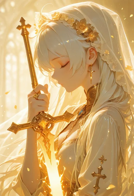 masterpiece, best quality, <lora:style01:1>, kiana kaslana, white hair, blue eyes, upd25, earrings, profile, closed eyes, from side,long hair, holding, ring, yellow theme, veil, weapon, flaming sword, upper body, closed mouth, eyelashes, glint, flower, holding weapon, light particles, holding sword, gem, hands up, petals, cross, 1girl