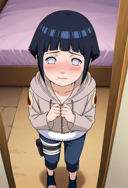 score_9, score_8_up. score_7_up, masterpiece,
facing viewer, looking up at viewer, high angle,
detailed nose, detailed lips, perfect face, young face,perfecteyes,1 girl, (youthful looking:2.3), flat chest,solo, hyuuga hinata, 1girl, black hair, short hair, white eyes, no pupils,hoodie, hood down, long sleeves, capri pants, fur trim, thigh holster, toeless footwear, bandages, konohagakure symbol
innocent, embarrassed, blush, nervous,
standing,in bedroom