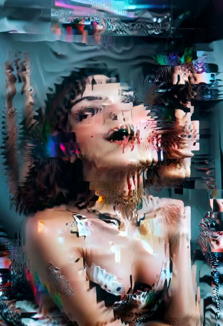 (8k, best quality, masterpiece, ultra highres:1.2), 1 glitch metallic woman laying on stomach, HIGH cfg, full body behind textured glass, beautiful 28 year old Latina woman tongue out drooling, sexy eyes, vhs glitch, soft smile, earrings, woman refracted many times in glass, choker, ultra high res, intricate detail, sophisticated detail, depth of field, analogue RAW DSLR, photorealistic, <lora:latinaDollLikeness:-0.15>