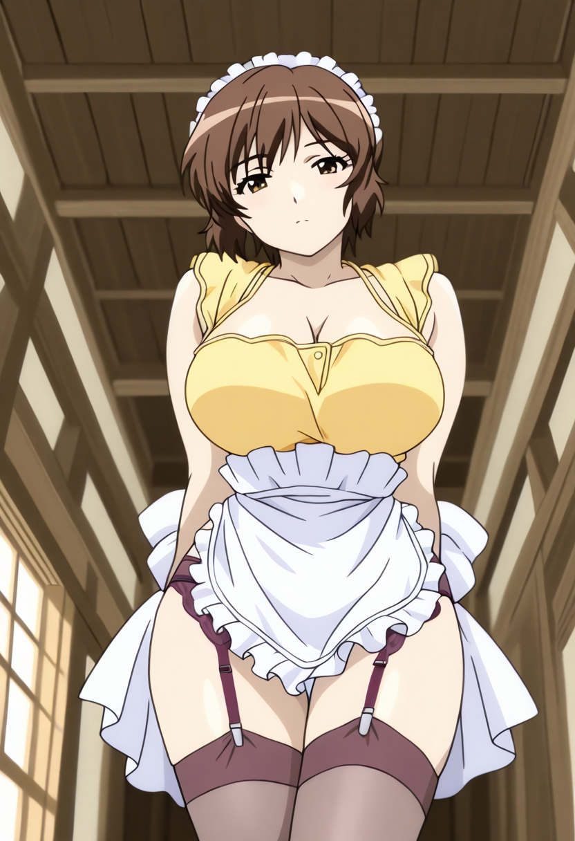 nonomiya momoko,1girl,brown hair,cleavage,brown eyes,short hair,large breasts,apron,maid headdress,garter belt,stockings,yellow sleeveless shirt,from below,Perched on the edge of a surface, legs crossed, leaning slightly forward,looking at viewer,Dreamy, longing eyes,Spacious loft, exposed beams, polished concrete floors,Daytime,masterpiece,best quality <lora:Nonomiya_Momoko:1.0>