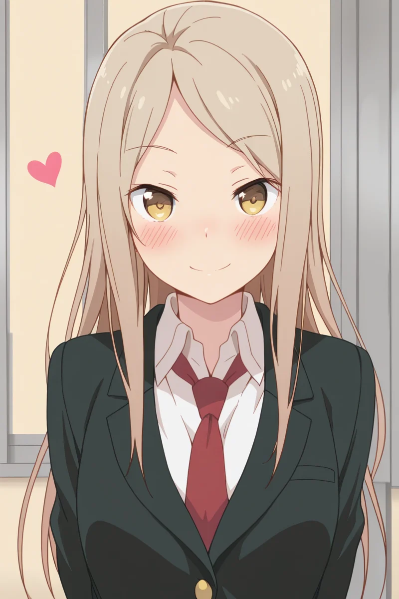 masterpiece, best quality, amazing quality,
<lora:Kotone_IL:1> kotone, 1girl, solo, necktie, long hair, smile, jacket, school uniform, looking at viewer, heart, blush, shirt, blazer, red necktie, brown hair