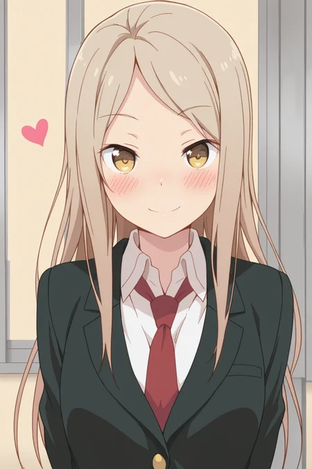 masterpiece, best quality, amazing quality,
 <lora:Kotone_IL:1> kotone, 1girl, solo, necktie, long hair, smile, jacket, school uniform, looking at viewer, heart, blush, shirt, blazer, red necktie, brown hair