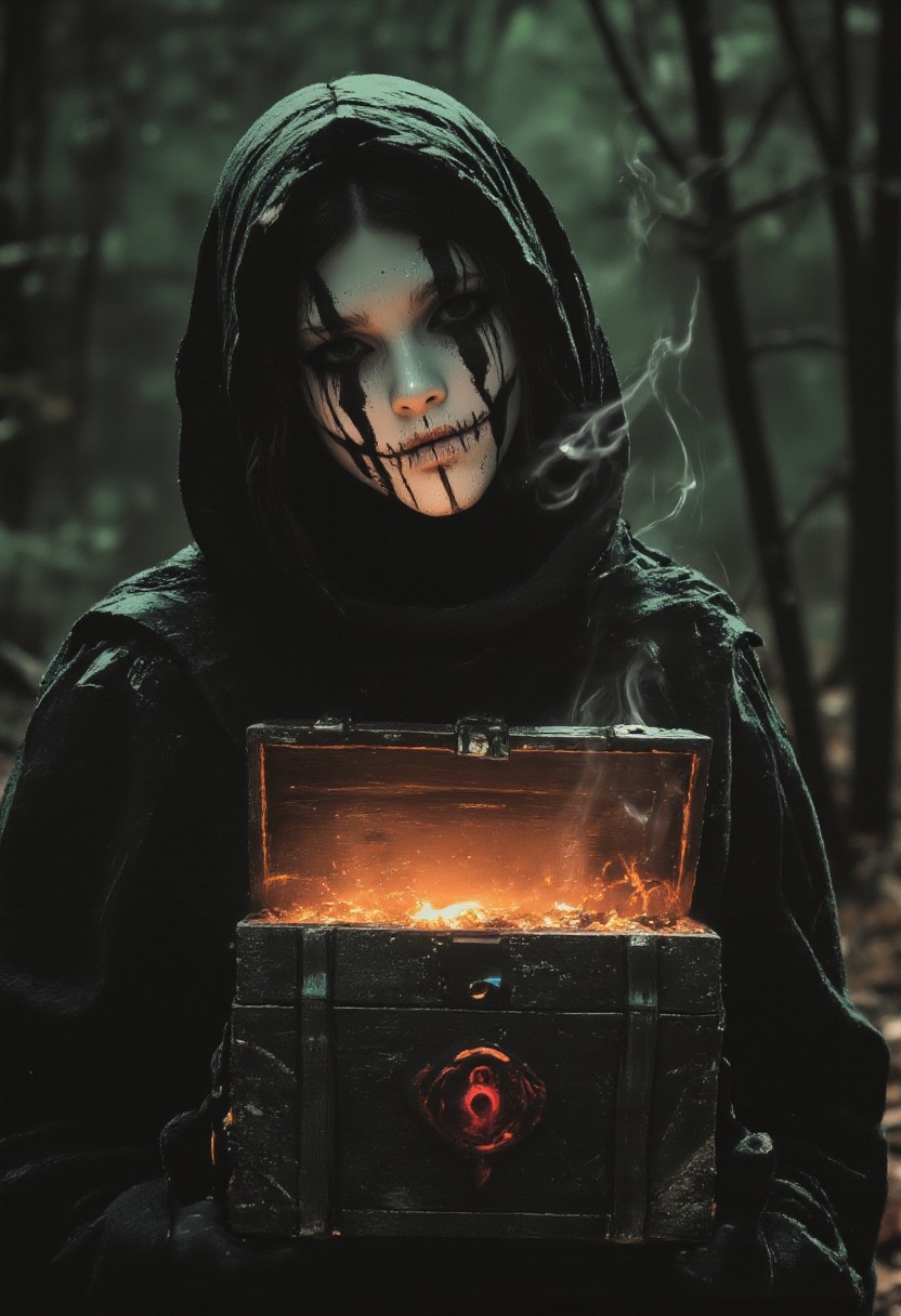 The image is a monochrome vintage photography with a dark, mystical, and eerie atmosphere. A Emo girl dressed in a dark, hooded cloak, the hood casting shadows over their face, making it indistinguishable. The face is covered with a white, featureless mask, adorned with dark, vertical lines that give it a sinister, almost skeletal appearance. The person's eyes are covered with black, elongated, and exaggerated eye sockets, creating an unsettling, otherworldly effect. They hold a large, ornate wooden chest in their hands. The chest is old and weathered, with intricate carvings and a prominent red emblem on the front. The chest is open, revealing a glowing, fiery interior that casts a warm, ethereal light, contrasting sharply with the cool, dark background. The background is a dimly lit, forested area with dense, dark foliage, adding to the ominous and mysterious mood. Smoke or mist rises from the chest, curling upwards and blending with the dark, foggy atmosphere. The overall color palette is dominated by dark greens, grays, and the eerie glow from the chest. The textures range from the rough, worn wood of the chest to the smooth, featureless mask, and the soft, draping fabric of the cloak.