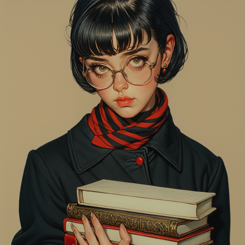 ArsMJStyle, Colored pencil hyperdetailed realism <lora:HyperdetailedColoredPencilV2SDXL:1> ArsMJStyle, Colored pencil hyperdetailed realism, The image is a portrait of a young woman with short black hair styled in a short bob with bangs. She is wearing a black jacket with red stripes on the sleeves and a red scarf around her neck. She has a pair of round glasses on her face and is holding a book in her right hand. The woman is looking directly at the camera with a serious expression. The background is a plain beige color. The image has a vintage or retro feel to it., 1girl, solo, glasses, black hair, jewelry, earrings, looking at viewer, holding, book, fingernails