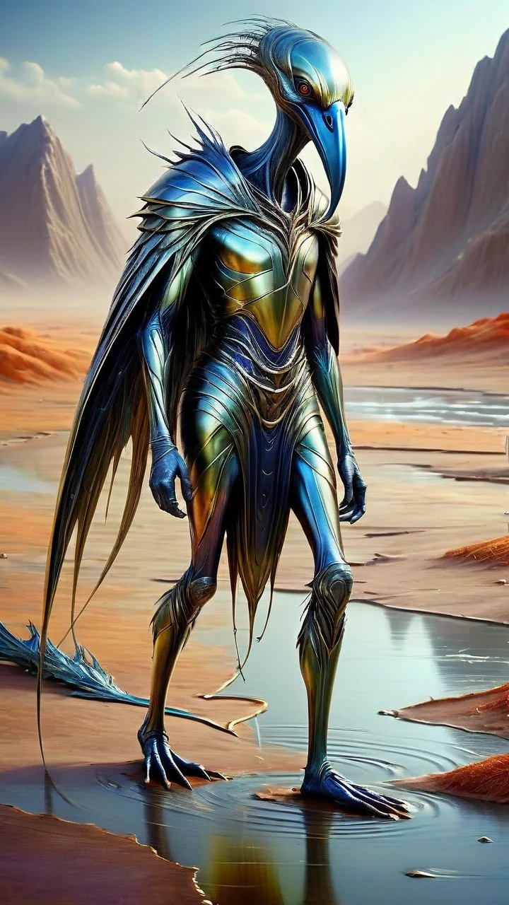 fantasy cs-m3tal-ok_v06-1000, a coloured line drawing of a mature tarnished corroded cracked Peruvian ethereal male elf walking in mudflats with black cranes. Fine glowing (yellow:0.33) veins. Intricate, very detailed