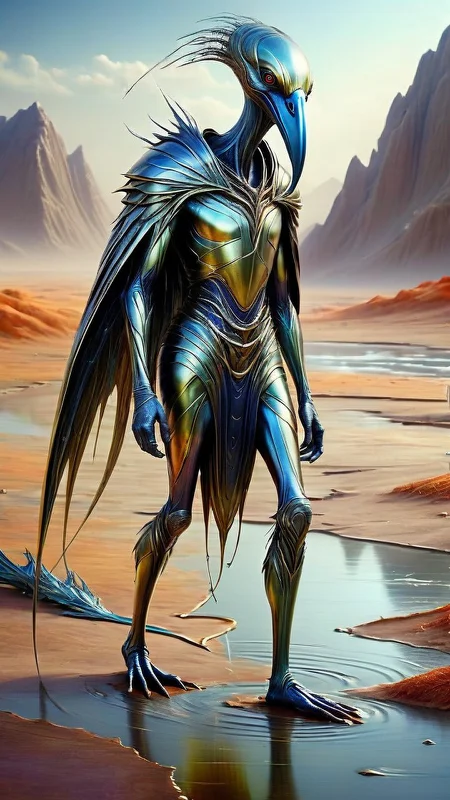fantasy cs-m3tal-ok_v06-1000, a coloured line drawing of a mature tarnished corroded cracked Peruvian ethereal male elf walking in mudflats with black cranes. Fine glowing (yellow:0.33) veins. Intricate, very detailed