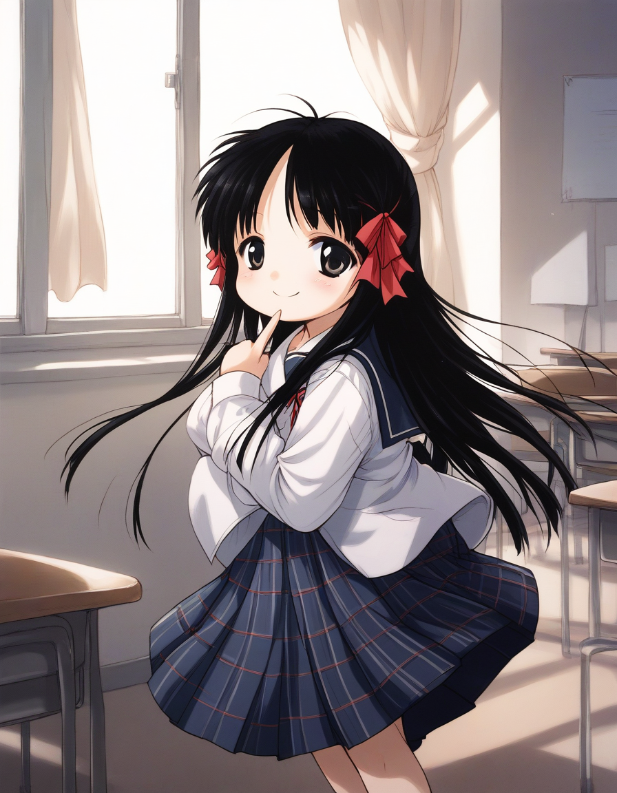 score_9, score_8_up, score_7_up, source_anime, rating_explicit, BREAK  <lora:Hoshino_Hina_XL:1> Hoshino_Hina, long hair, black hair, black eyes, hair ribbon, short stack,
school uniform, checked skirt, long skirt,
room, curtain, window, flooring,
smile,
looking at viewer, 
cowboy_Shot,