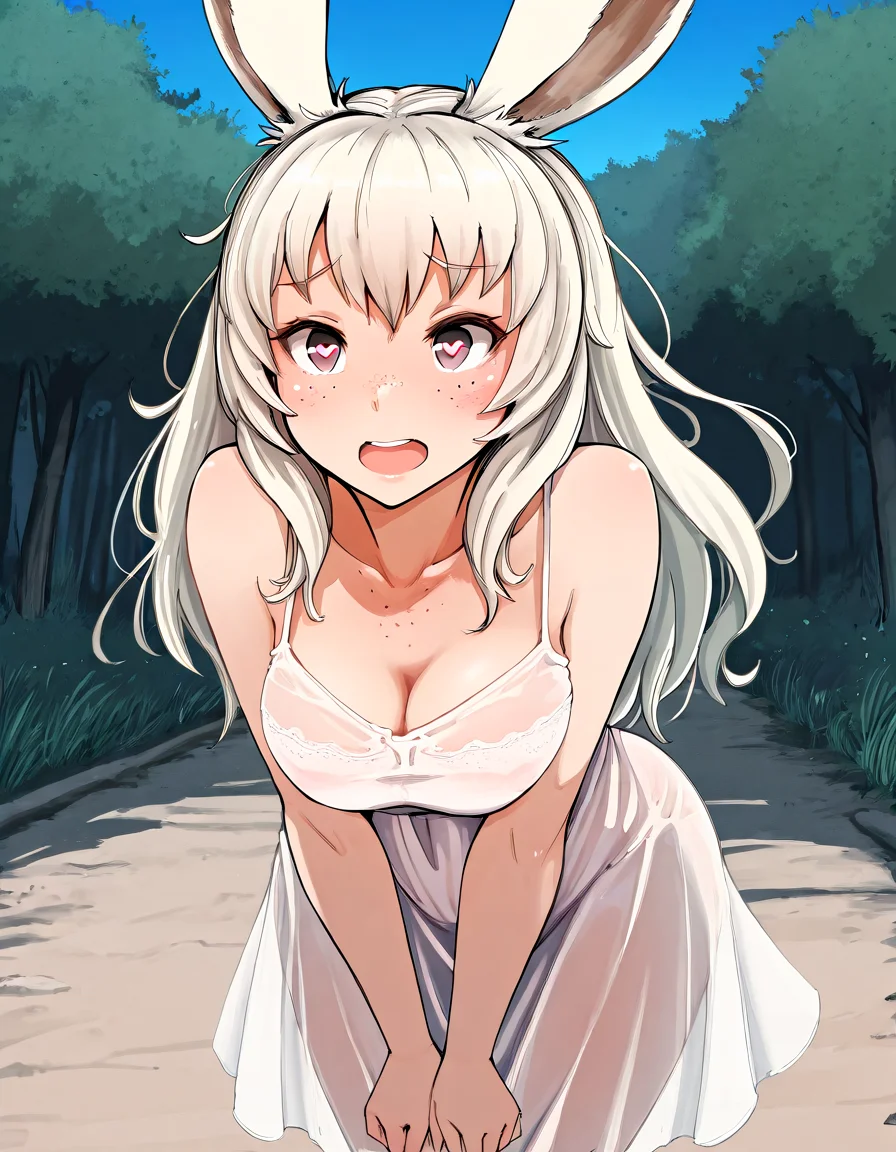 <lora:arakure_style_Illustrious:1>arakure,
,cute viera, summer dress, see-through, heart shaped pupils, freckles, excited, outdoors