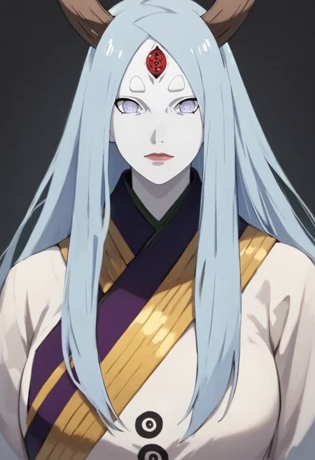 (masterpiece), (best quality), score_9, score_8_up, score_7_up, (masterpiece:1.2), (best quality:1.3), 1girl <lora:Kaguya_Otsutsuki_Naruto:0.8> kaguya_otsk, long hair, looking at viewer, third eye, horns, japanese clothes, pale skin, simple background, portrait, masterful composition, dynamic movement