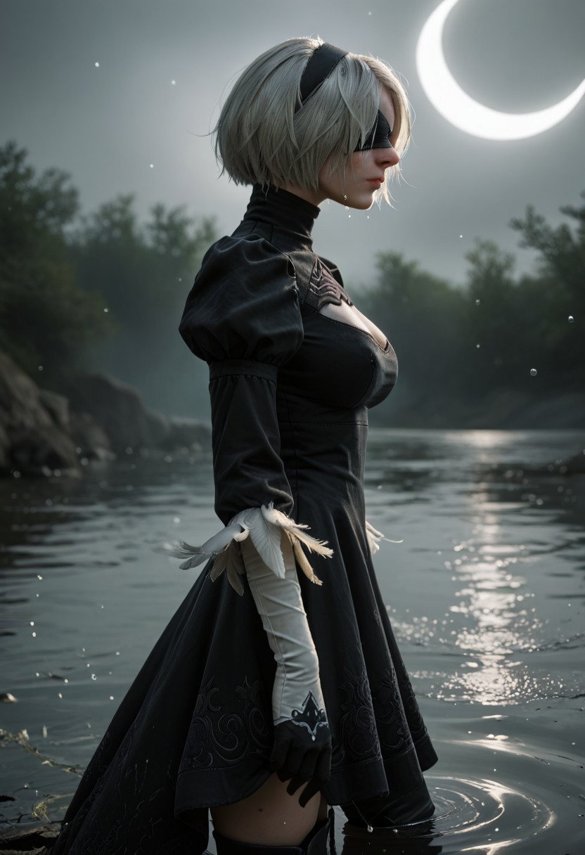 source_realistic, source_photo, score_9, score_8_up, score_7_up, realistic, 1girl, 2BNAXL, blindfold, black blindfold, black hairband, white hair, short hair, large breasts, clothing cutout, cleavege cutout, black dress, puffy sleeves, feather-trimmed sleeves, black gloves, leotard, skirt, black thighhighs, thigh boots, black high heels, dress, close-up portrait, masterpiece, best quality, absurdres, (head tilted back), closed mouth, water drops, water trail,
emerging from water, reflective water, tall reeds, moonlight, crescent moon, starry sky, elegant posture, soft shadows, eerie atmosphere, ethereal, highly detailed, moody,
from side, side profile, dark theme, foggy ambiance