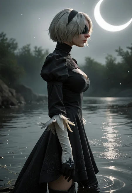 source_realistic, source_photo, score_9, score_8_up, score_7_up, realistic, 1girl, 2BNAXL, blindfold, black blindfold, black hairband, white hair, short hair, large breasts, clothing cutout, cleavege cutout, black dress, puffy sleeves, feather-trimmed sleeves, black gloves, leotard, skirt, black thighhighs, thigh boots, black high heels, dress, close-up portrait, masterpiece, best quality, absurdres, (head tilted back), closed mouth, water drops, water trail,
emerging from water, reflective water, tall reeds, moonlight, crescent moon, starry sky, elegant posture, soft shadows, eerie atmosphere, ethereal, highly detailed, moody,
from side, side profile, dark theme, foggy ambiance