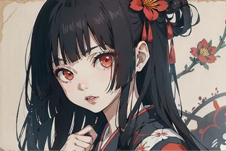 enma ai, hair down, hair black, bangs, eyes red, masterpiece, best quality, ultra-detailed, illustration, 1girl, solo, highres, photorealistic, ultra high res, (Original illustration composition), (fusion of limited color, Maximalism artstyle, kimono obi fashion, double exposure, background, illustration, Amazing, lily spider, night darkness, open one's mouth, flowers red, Movie poster, sitting