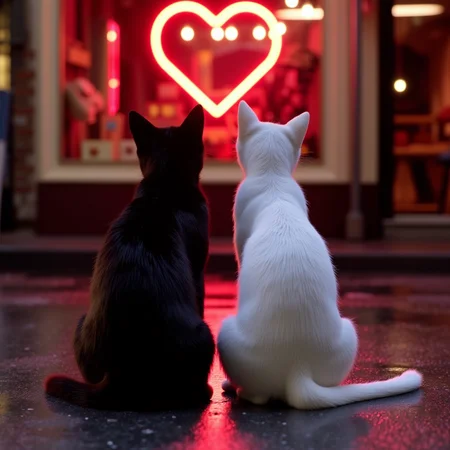 masterpiece, best quality, 1 black cat, 1 white cat, sit side-by-side, shot from the back, wet street, rainy, looking at glowing red neon heart in a store window, night city, romantic atmosphere, gentle light