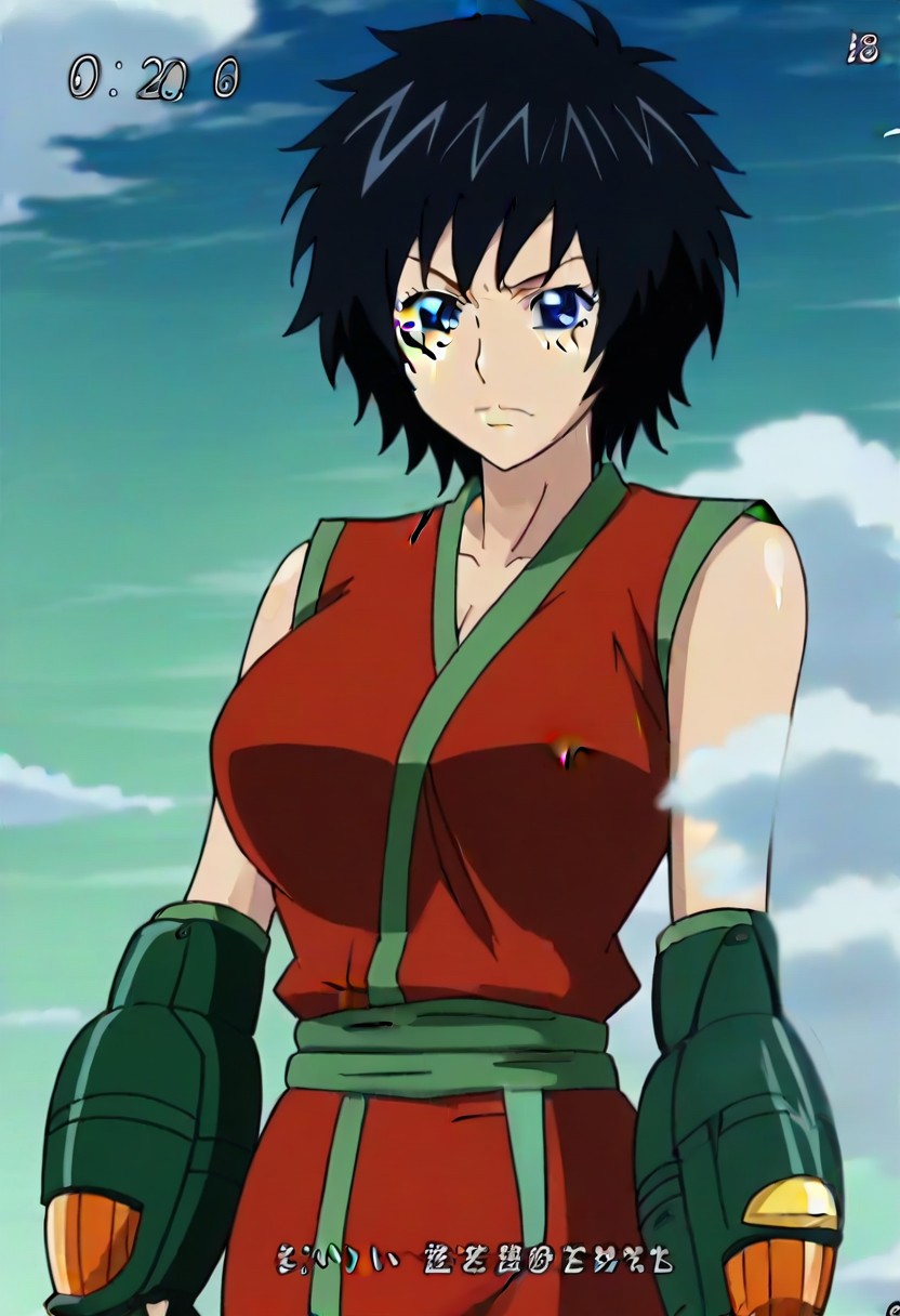 short black hair, blue eye, Scar on right cheek, red sleeveless outfit with green trim,, ,,,,,anime coloring, anime screencap , 1girl,Solo ,, anime,,PUFFY nipple,huge breasts,,, official art,,Uncensored ,Unedited ,,,, ,, ,, , ,,, ,, , ,,,