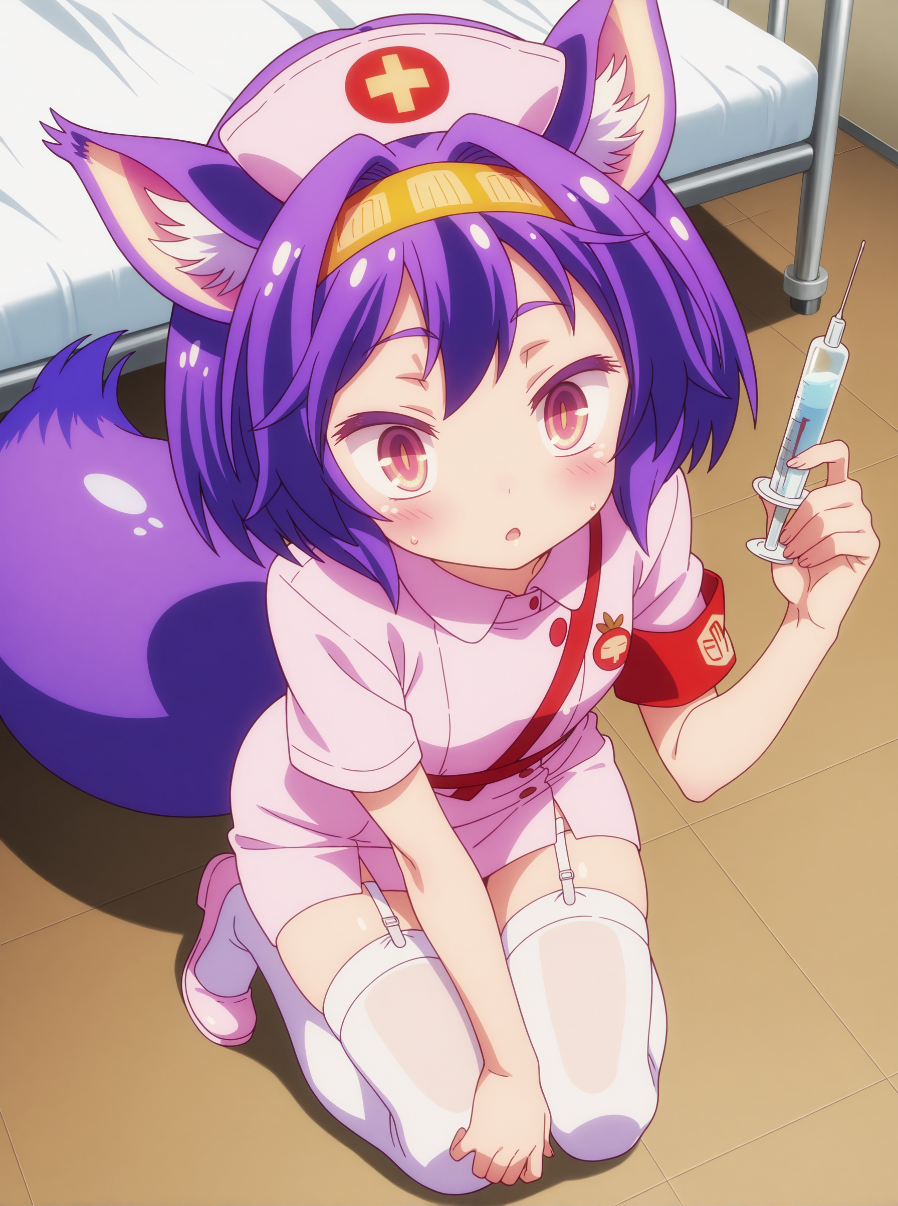 best quality,amazing quality,<lora:izuna:1>,izuna,fox tail,purple hair,full body,thighhighs,nurse,