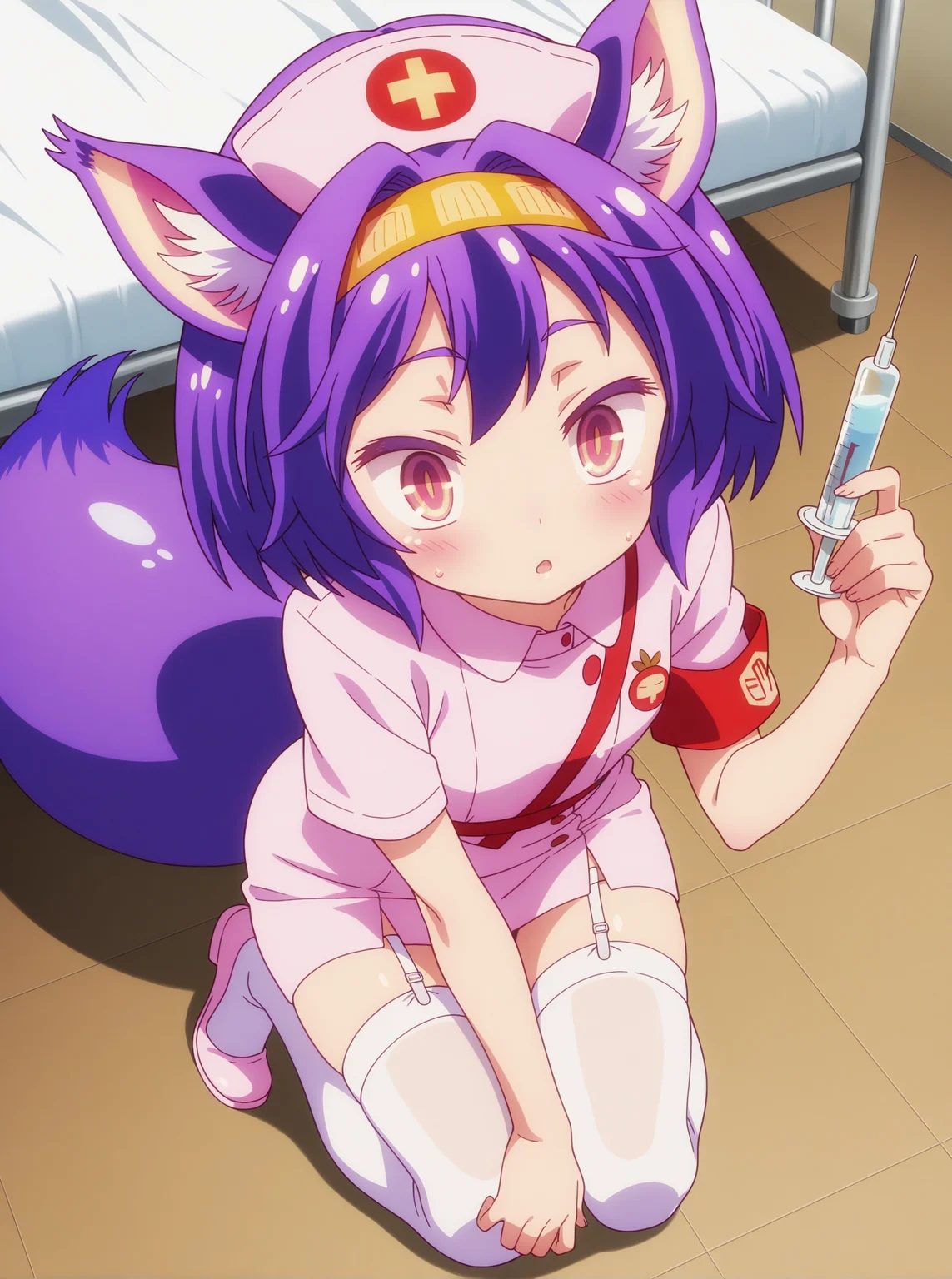 best quality,amazing quality,<lora:izuna:1>,izuna,fox tail,purple hair,full body,thighhighs,nurse,