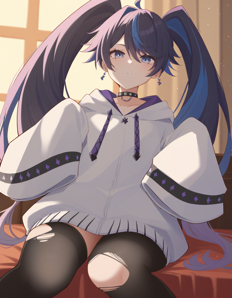 score_9, score_8_up, score_7_up, rating_sensitive, uncensored, source_anime, (4 finger:0.5), (embedding:zPDXLxxx:1) BRAKE KsonGoth, long hair, twintails, multicolored hair, blue hair, black hair, purple hair, black choker, two-tone hoodie, white hoodie, black hoodie, sleeves past wrists, black thighhighs, torn thighhighs, indoors, expressionless,