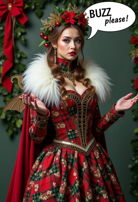 Youngwoman, kwf, sfw, Holding hands out. Speech bubble saying "BUZZ please!", crown, feathers, festive, floor-length, floral, frilly, fur-lined cape, glittering, gothic, gold accents, gown, high-collared, holly, leaves, luxurious, medieval, opulent, ornate, overcoat, plaid, poinsettia, puffy winter jacket, punk, red and white striped, ruffled, sash, scarf, sequined, shawl, snowflake, steampunk, tassels, tiara, trimmed with white fur, turtleneck sweater, velvet, Victorian, wings.