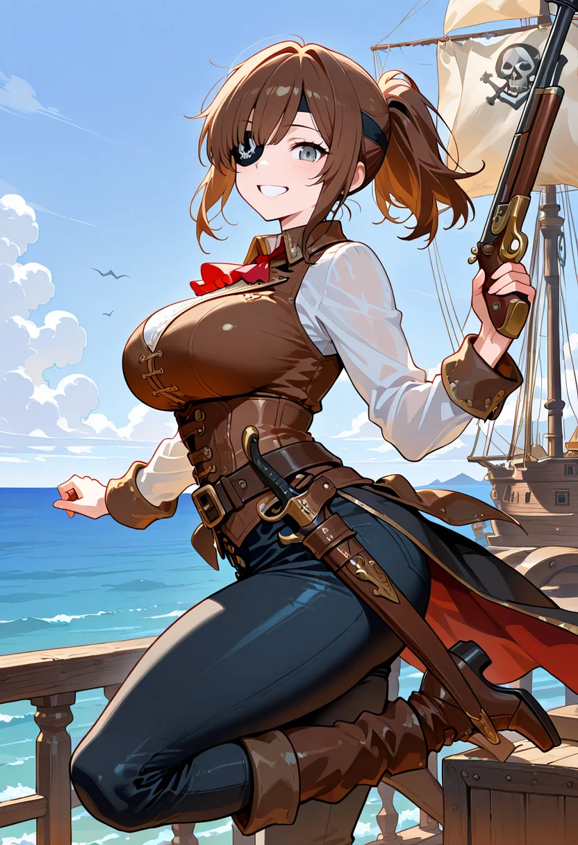 best quality, amazing quality, simple background,((outlined outlined vector graphics)),beautiful scenery,ocean,pirate ship,
side view , looking at viewer , 1girl,,solo, 20yo, brown hair, gray eyes, (large breast:1.1), (ponytail:1.1), medium hair,(curvy:1.1),bangs, (glow eyes:0.7),happy,smile, cute face,pirate, pirate girl, eye patch,skull,, jumping, , , , , gun, pirate-outfit <lora:pirate-il-01:0.8>