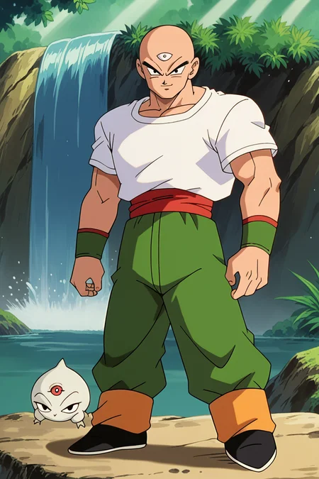 score_9,score_8_up, score_7_up, BREAK ict style,tien,1boy,1other, looking at viewer, bald, black eyes, muscular male, white t-shirt, third eye, red sash, green wristband, standing, smirk,green pants, white pokemon \(creature\), humanoid, white skin, waterfall, nature, black flats, yellow leg warmers, <lora:PokeMoviesPony:1> <lora:TienPonyV3:1>