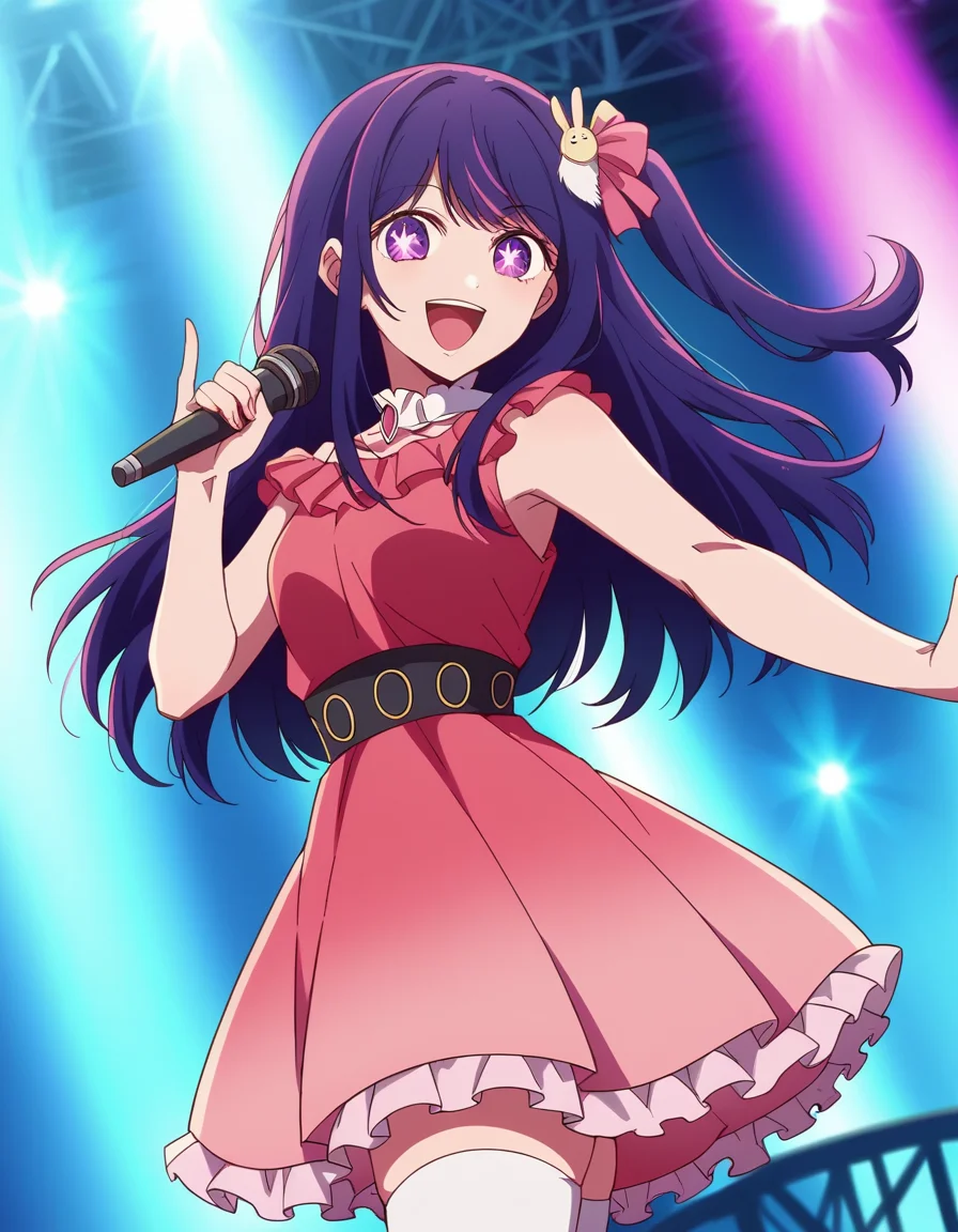 score_9, score_8_up, score_7_up, source_anime,
aihoshino, <lora:ai-hoshino-s1-ponyxl-lora-nochekaiser:1>,
ai hoshino, long hair, bangs, purple eyes, purple hair, symbol-shaped pupils,
one side up, hair ornament, hair ribbon, skirt, thighhighs, white thighhighs, zettai ryouiki, idol, dress, pink dress, sleeveless, pink skirt, frilled skirt, bare shoulders, collar, white collar,
stage, stage lights, microphone, holding microphone, singing, open mouth, smile,
looking at viewer, cowboy shot, dutch angle, solo,