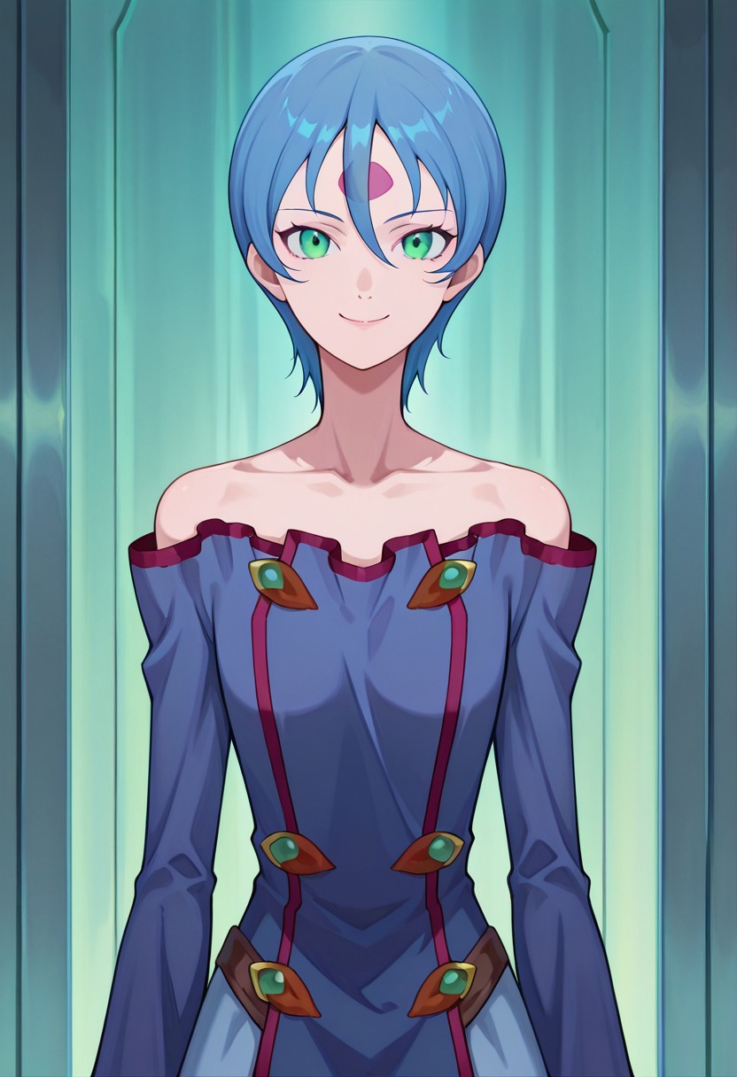 zPDXLx, mur4k4mi-ip,Anime screencap, anime art style, zoids series, zoids guardian force, 1girl, tomboy, solo, rease, blue hair, green eyes, bare shoulders, smile, short hair, collarbone, looking at viewer, facial mark, hair between eyes, closed mouth, long sleeves, forehead mark, androgynous