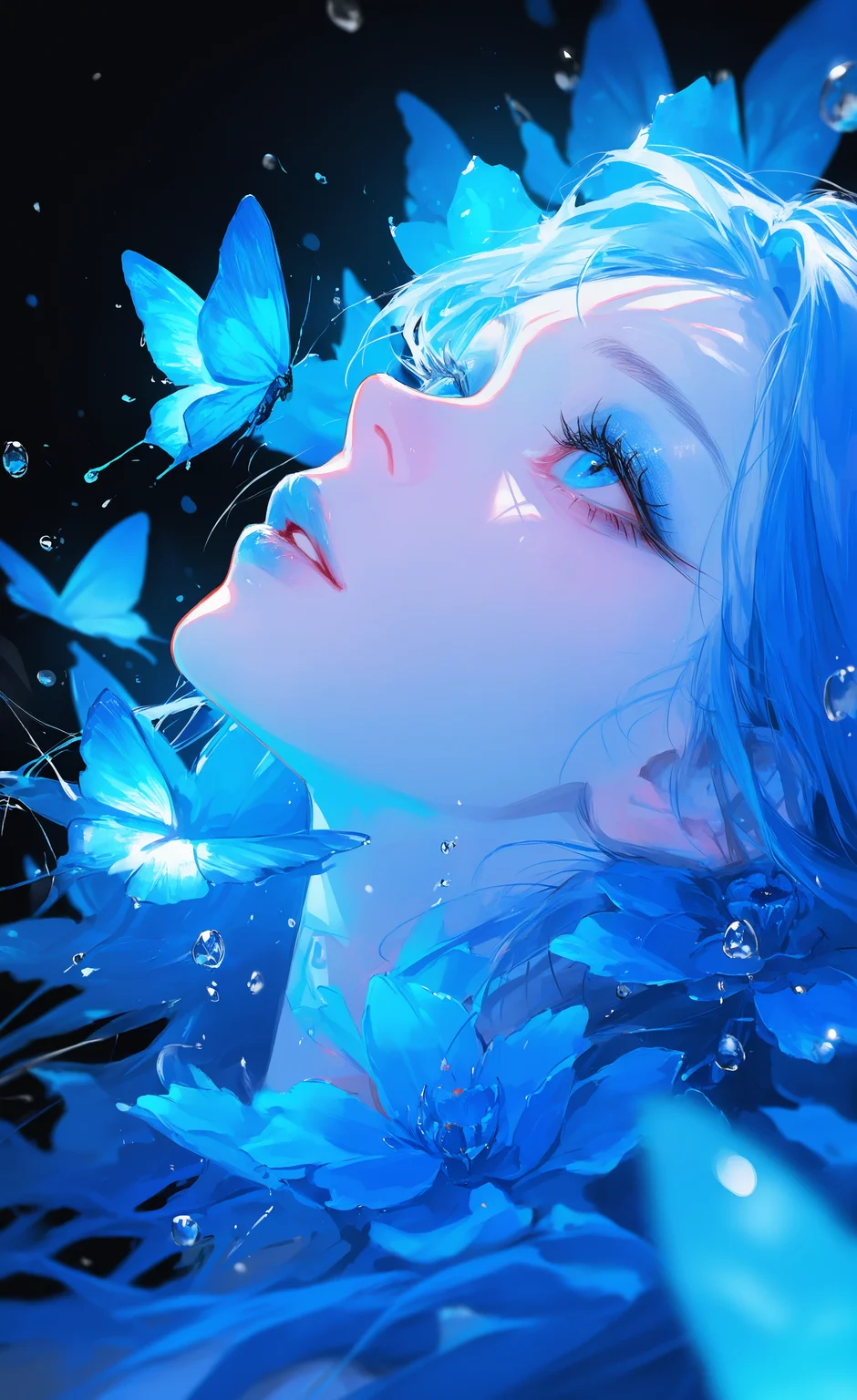 masterpiece, best quality, good quality, very awa, very aesthetic, absurdres, newest,1girl, solo, long hair, blue eyes, blue hair, flower, parted lips, blurry, eyelashes, lips, makeup, depth of field, portrait, looking up, bug, lipstick, butterfly, close-up, eyeshadow, blue flower, bubble, blue theme, water drop, nose, realistic, blue butterfly, mascara, sidelighting, <lora:ponyv6_noobV1_2_adamW-000017:0.35> <lora:USNR_STYLE_XL_lokr:0.45>