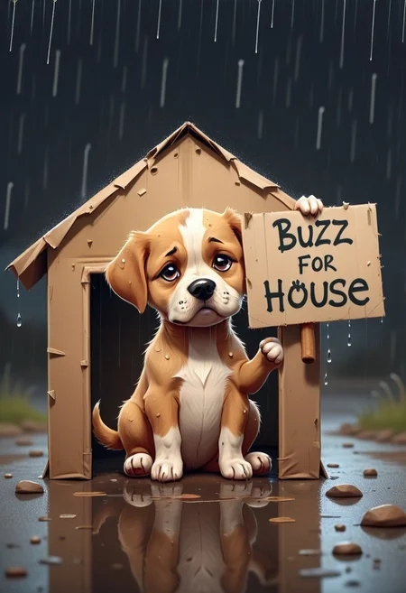 arcane art style. cute sad puppy dog, raining, sitting under poor shelter, holding a cardboard on which written, "BUZZ FOR HOUSE", emotional scene,