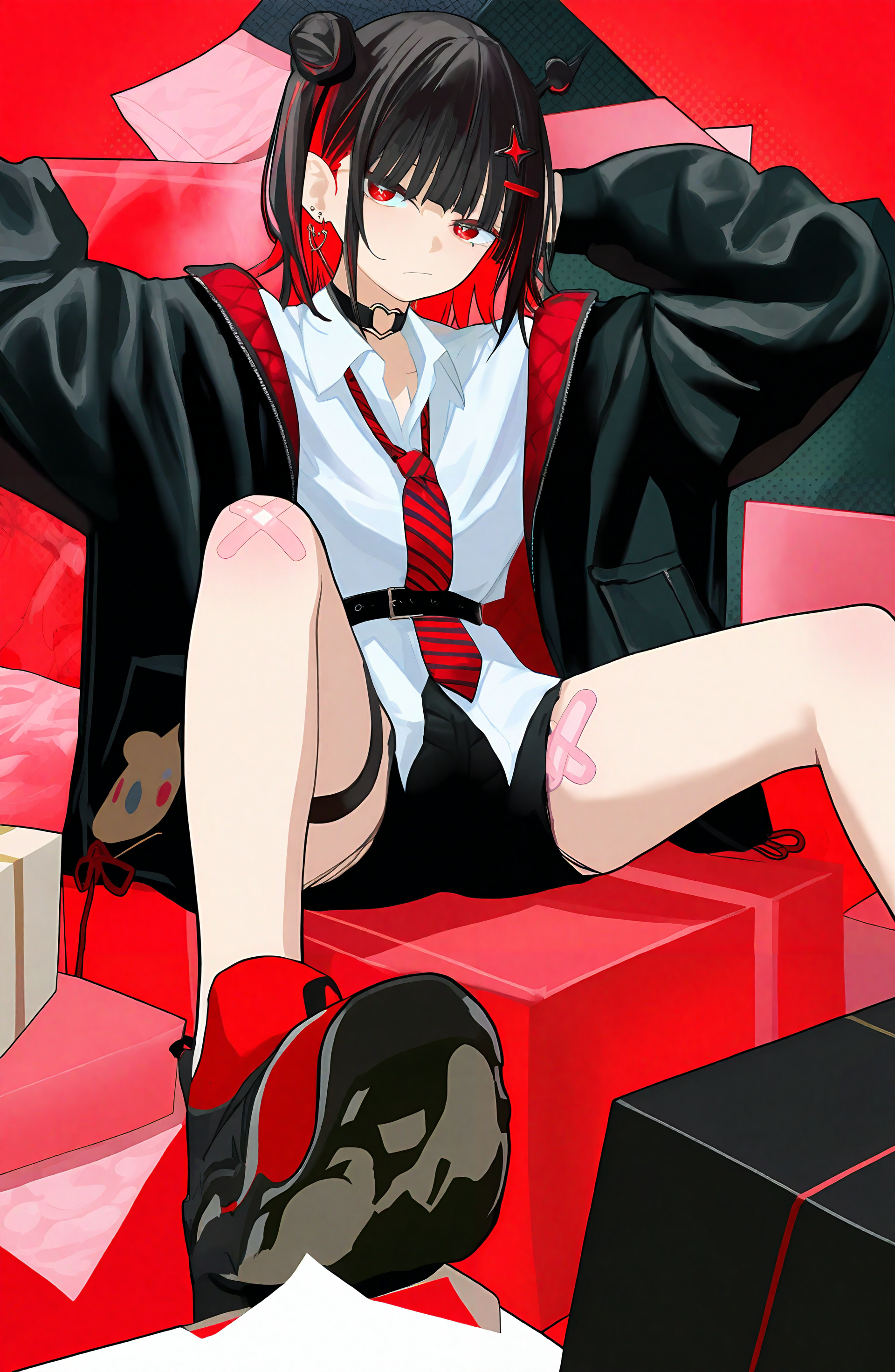 1girl, solo, looking_at_viewer, shirt, black_hair, long_sleeves, hair_ornament, red_eyes, jewelry, sitting, jacket, white_shirt, multicolored_hair, earrings, red_hair, open_clothes, necktie, shoes, collared_shirt, choker, black_footwear, open_jacket, black_jacket, sneakers, bandaid, box, colored_inner_hair, striped_necktie, bandaid_on_leg