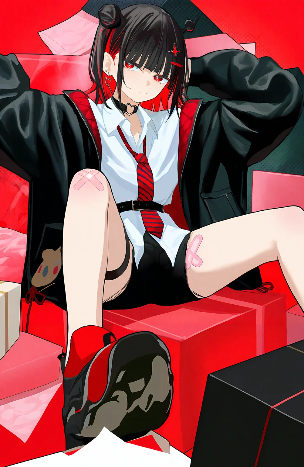 1girl, solo, looking_at_viewer, shirt, black_hair, long_sleeves, hair_ornament, red_eyes, jewelry, sitting, jacket, white_shirt, multicolored_hair, earrings, red_hair, open_clothes, necktie, shoes, collared_shirt, choker, black_footwear, open_jacket, black_jacket, sneakers, bandaid, box, colored_inner_hair, striped_necktie, bandaid_on_leg