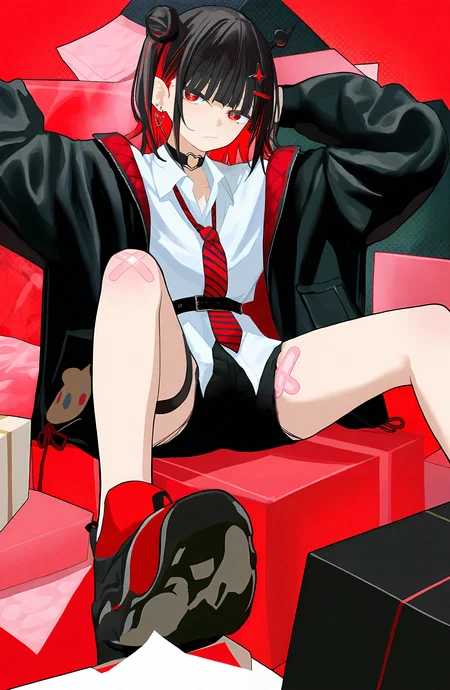 1girl, solo, looking_at_viewer, shirt, black_hair, long_sleeves, hair_ornament, red_eyes, jewelry, sitting, jacket, white_shirt, multicolored_hair, earrings, red_hair, open_clothes, necktie, shoes, collared_shirt, choker, black_footwear, open_jacket, black_jacket, sneakers, bandaid, box, colored_inner_hair, striped_necktie, bandaid_on_leg