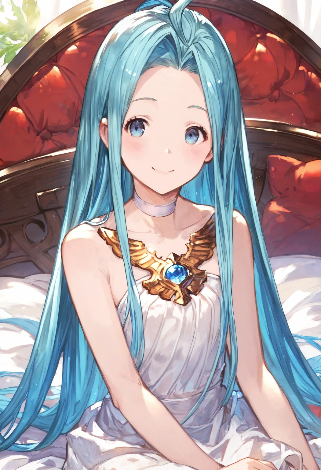 score_9, score_8_up, score_7_up,score_6_up, source_anime, best quality, aesthetic, absurdres,
1girl, solo, sitting, smile, blush, (clear eyes:1.2), looking at viewer,
Lyria (Granblue Fantasy), very long hair, blue hair, (body_slim, skinny:1.1), white choker,
(clear eyes:1.1), <lora:Lyria-Pony:0.8>
on bed, (sitting cross-legged:1.2),