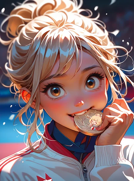 score_9, score_8_up, score_7_up, a cute girl biting a silver Olympic medal, <lora:olimedbitepxl:0.8>, olimedbitepxl, 1girl, closeup, focus on face, best quality, masterpiece, white tracksuit, adorable, anime, blonde hair, hair bun, cartoon, 2d, olympics, canada