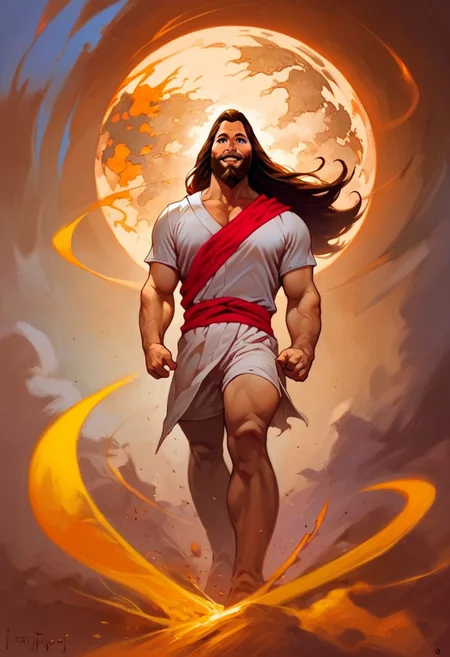 (score_9, score_8_up, score_7_up, score_6_up, score_5_up, score_4_up), easynegative, Expressiveh, oil paint, epic fantasy, source_cartoon, dark lighting, (high quality), (high resolution), 4k, perfect face, beautiful face,  Jesus, blue eyes, glowing blue eyes, muscular male, large muscles, hyper muscular,  long hair, brown hair, long beard, brown beard, white toga, red sash over his right shoulder, floating in the sky, majestically floating, reach hand to the view,  descending from the sky, kind smile, looking at view, wind effect, looking down,  golden energy, extending his hand to the view,  down pov, view from below