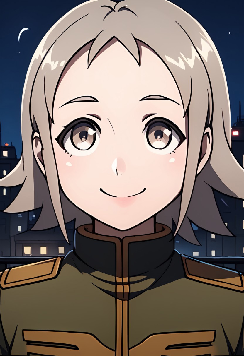score_9, score_8_up, score_7_up,city view, 1 female,night view, moonlight,anne, female, grey hair, grey eyes, military uniform, happy