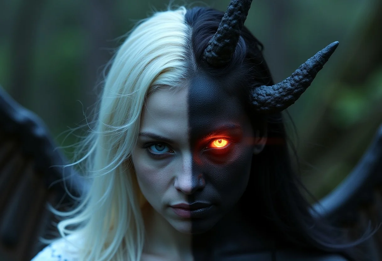 Misty Valley, a close-up of a mysterious female entity, one half of her body and face is beautiful, angelic appearance, blue eyes, white hair, the other half of her body and face is demonic, detailed nipples, nsfw, tits, erect nipples, coal-black skin, red eye and hair are burning with fire, demonic horn, on her back are wings corresponding to each part of the body. Dark atmosphere, cinematic, masterpiece, clear focus.