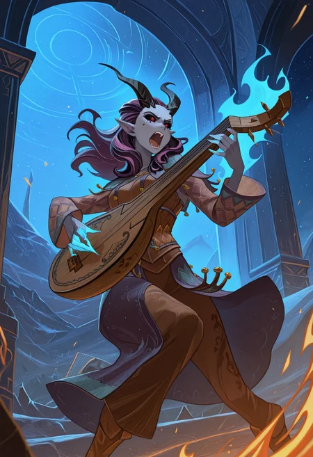 masterpiece, best quality, amazing quality,,<lora:afkArenaIllustrious:1>
afkarenastyle,
1girl, solo, alfira, alfiraOutfit, colored sclera, black sclera,playing, music, lute, (epic scene:1.1), flaming fingers, night,power aura , shouting, dynamic shot, lighting, <lora:alfiraIllustriou:1>