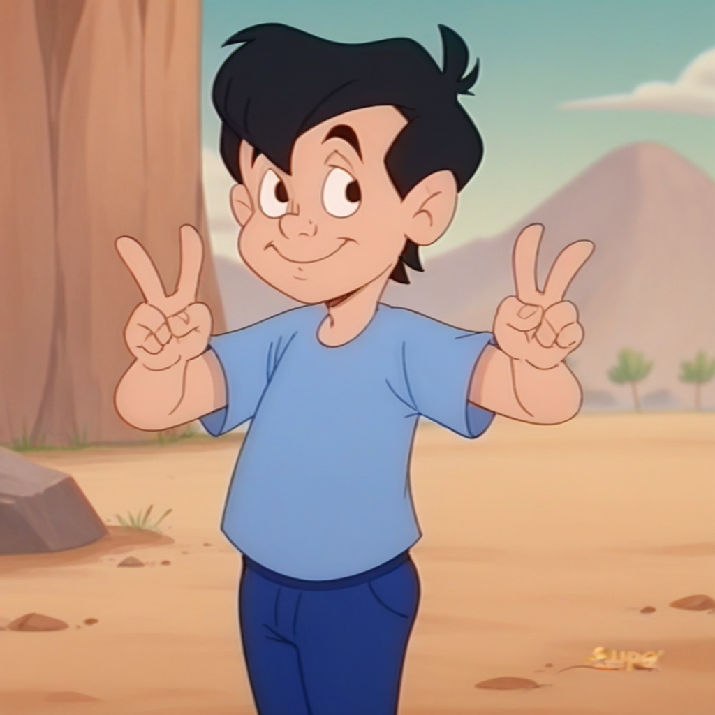 score_9_up, score_8_up, BREAK, Neddiehugson, 1boy, solo,  black hair, short hair, black eyes, blue shirt, blue pants, cowboy shot, double v,  <lora:NeddieHugson_TheOzKids_PXL_Leaf1:1>