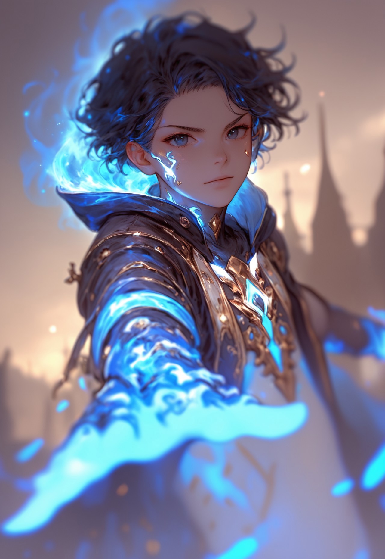 score_9, score_8_up, score_7_up, score_6_up, black hair,short hair,black eyes, glow blue, in the style of speedpainting, dark white and dark gray, character studies, dom qwek, nihilcore, wlop, iconic, solo leveling anime, glowing power, magic, Glo3w, glowing, depth of field, blue power, blue glowing, blue glowing tattoos, outdoors, dynamic pose, dynamic angle, 