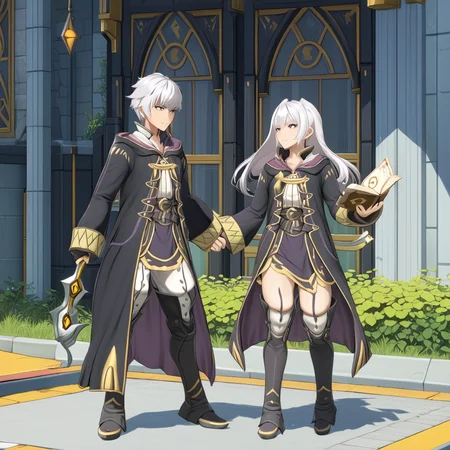 RobinFEXL, 1boy 1girl, white hair, wizard, , (anime, masterpiece, intricate:1.3), (best quality, hires textures, high detail:1.2), (4k),(incredibly detailed:1.4),UHD, 8K, ultra detailed <lora:RobinFEXL:.9>