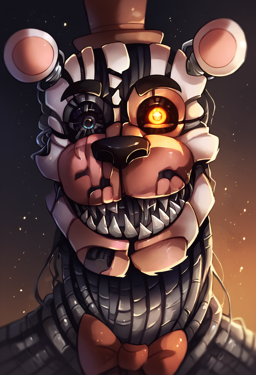 score_9, score_8_up, score_7_up, lots of details, highly detailed, (moltenfreddy), close-up, wires, animatronic, orange eye, glowing eye, looking at viewer, one eyed, bright background, light particles, detailed, detailed eyes, gloss, hires, best quality <lora:Molten_Freddy:1>