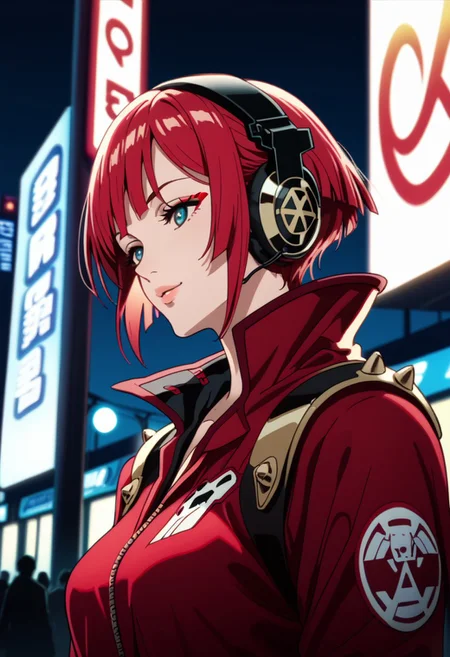 score_9, score_8_up, score_8, score_7_up, animation , anime, high contrast, dynamic lighting, colourful, human, cyberpunk anime, stunning Japanese woman wearing red and black sci-fi power armour, headphones, dark eyeshadow, holding assault rifle on cyberpunk street at night, neon signs and advertising, bokeh, side lighting