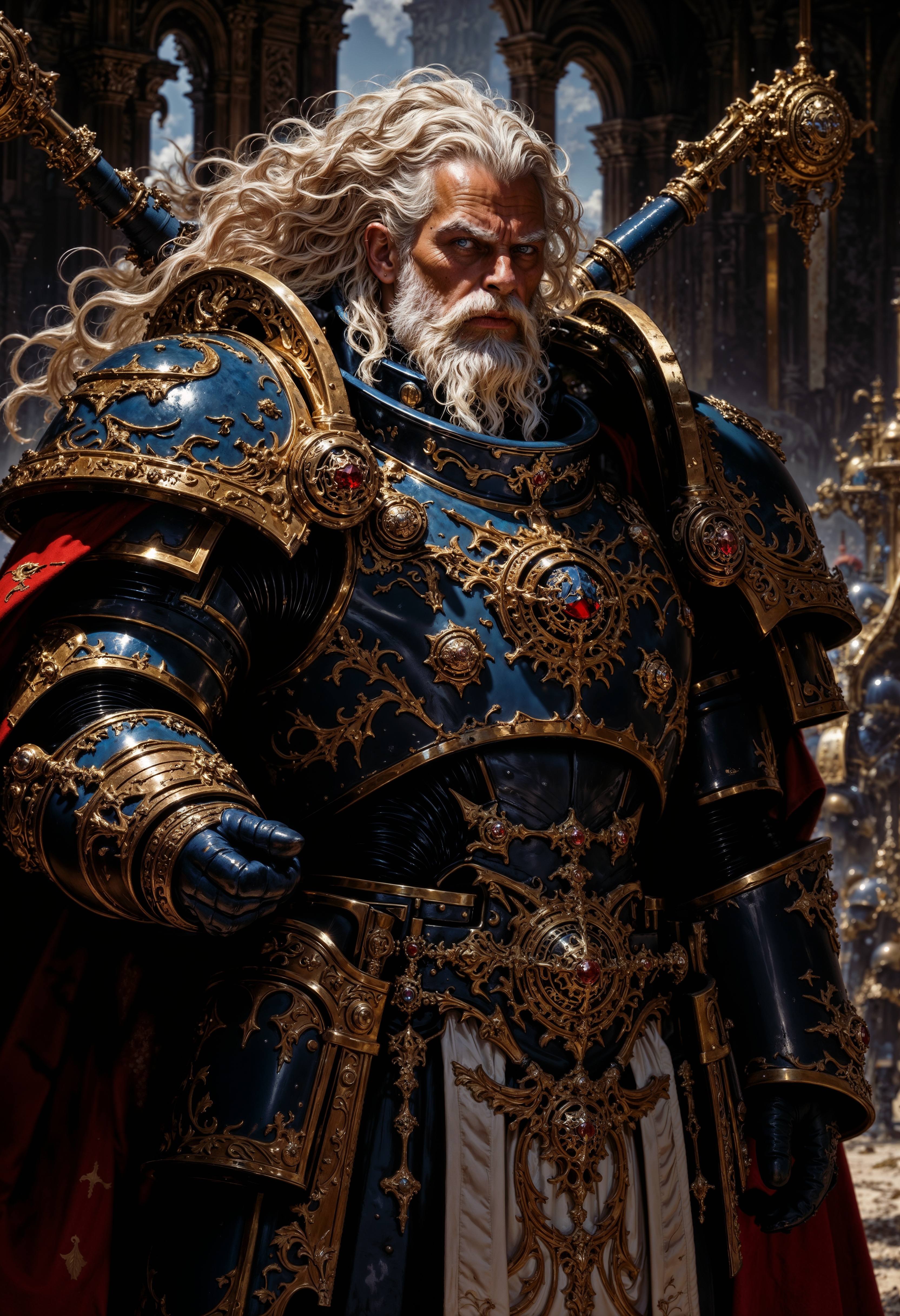 Highly detailed and realistic fantasy character in a dramatic shot. Epic cinematic depiction of a very old Paladin in full ThouS40k power armor. He is bearded and his hair is going grey. <lora:FluxThouS40k:0.8> <lora:FluxMythP0rtr4itStyle:0.6> <lora:flux.1_lora_flyway_Epic-Characters_v1:0.6> <lora:Elden_Ring_-_Yoshitaka_Amano:0.33>