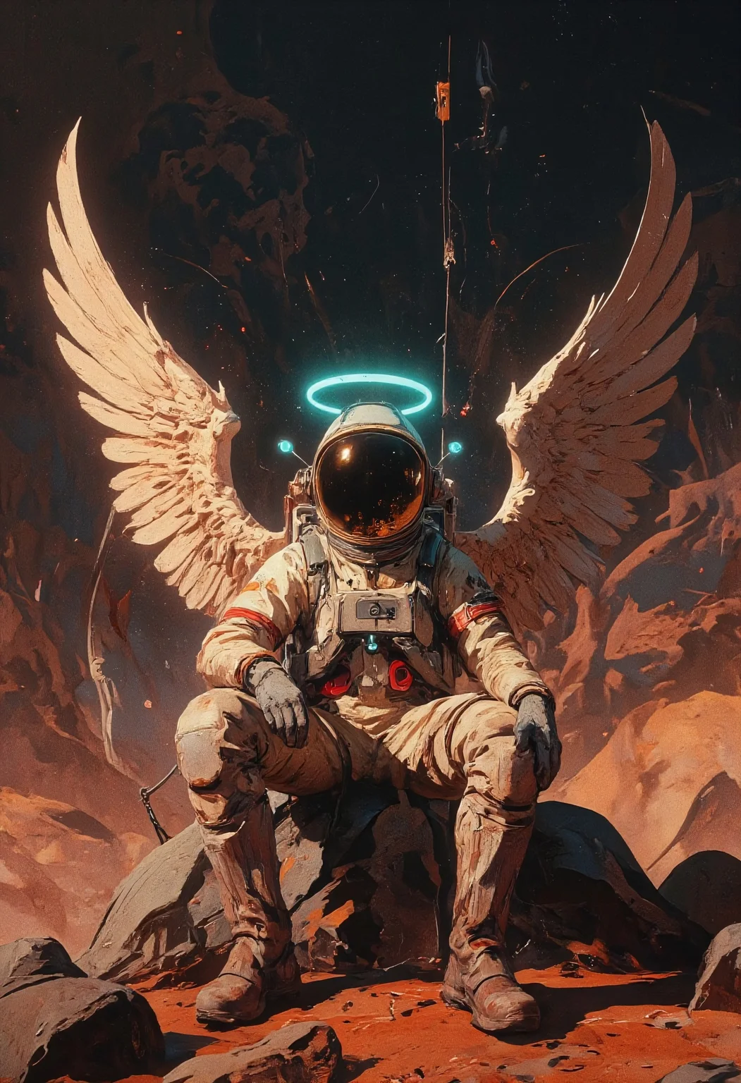 lone astronaut sitting on the surface of Mars, wearing a detailed vintage spacesuit. A glowing neon cyan halo hovers above their helmet, and angel wings emerges from their back. The scene is lit with cinematic lighting. Sci-fi realism ,  and retro-futuristic aesthetics