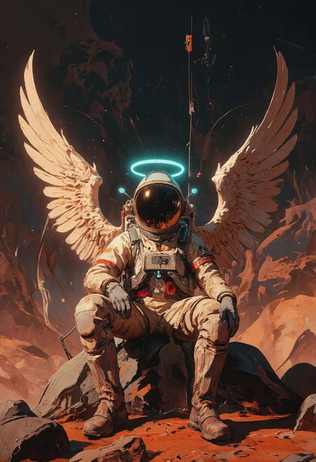 lone astronaut sitting on the surface of Mars, wearing a detailed vintage spacesuit. A glowing neon cyan halo hovers above their helmet, and angel wings emerges from their back. The scene is lit with cinematic lighting. Sci-fi realism ,  and retro-futuristic aesthetics